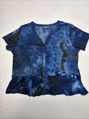 Park Avenue Blue Tie-Dye V-Neck Button Top